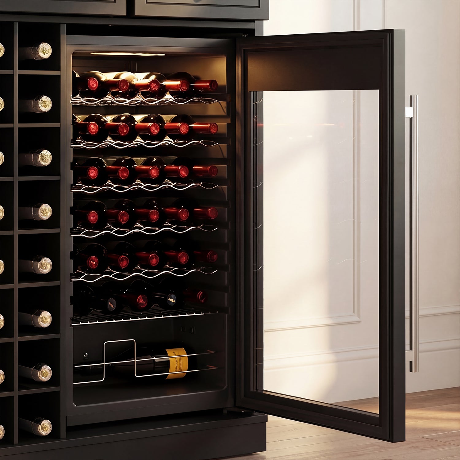 Wine cooler with open door displaying rows of wine bottles in a kitchen setting.