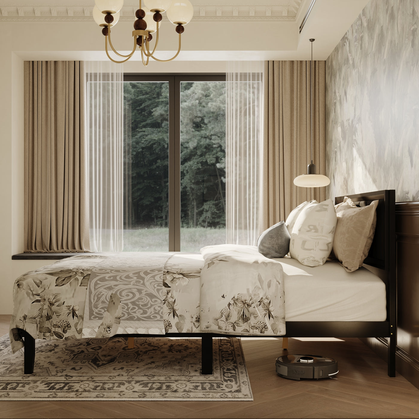 King-Size Modern Black Platform Bed with Linen Upholstered Headboard