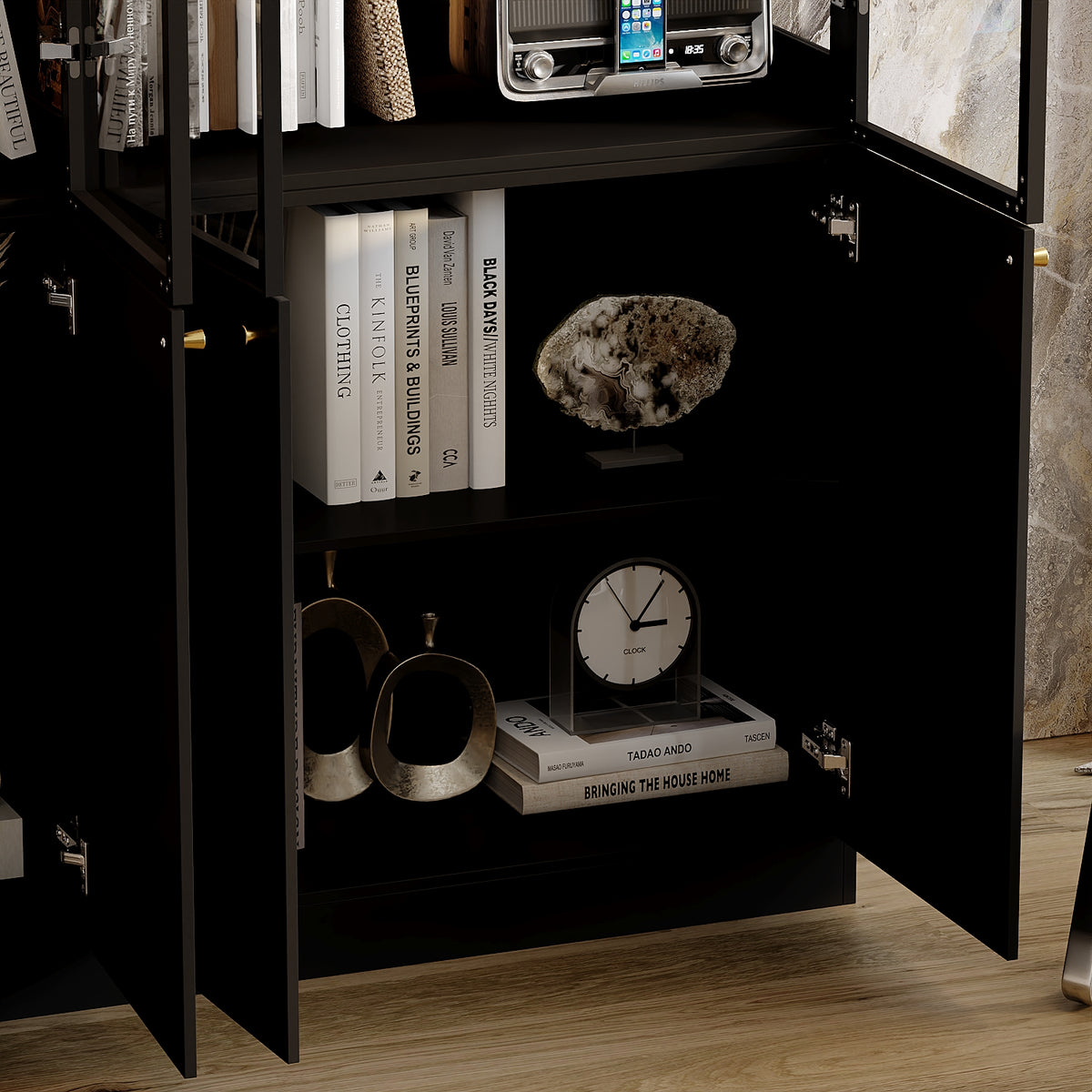 63" Modern Black Display Bookcase with LED Light and Glass Doors
