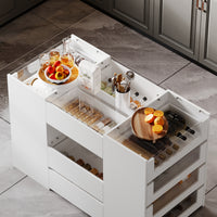 47.2" Modern White Kitchen Island with 14 Drawers and Tempered Glass Top