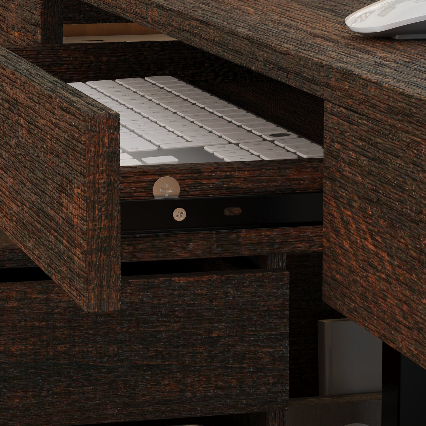 70.9" Modern Walnut L-Shaped 3-Drawer Standing Desk with Bookcase