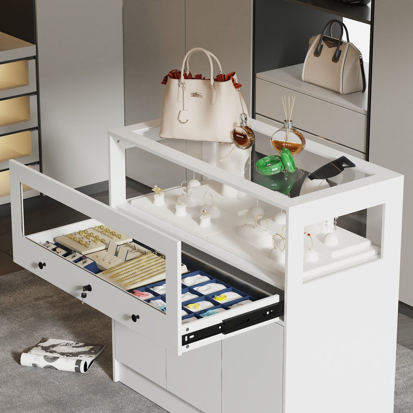39.4" Modern Minimalist White Jewelry Display Cabinet With Lock And Tempered Glass