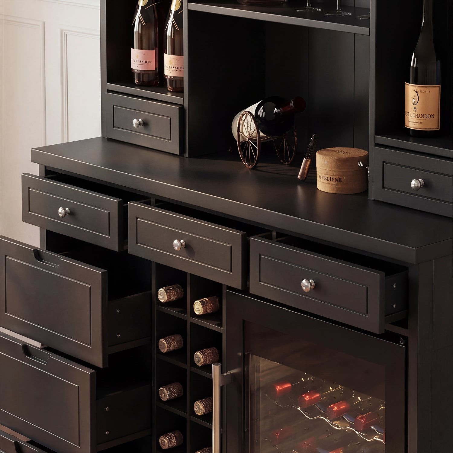 Dark wooden cabinet with wine bottles and a wine rack.