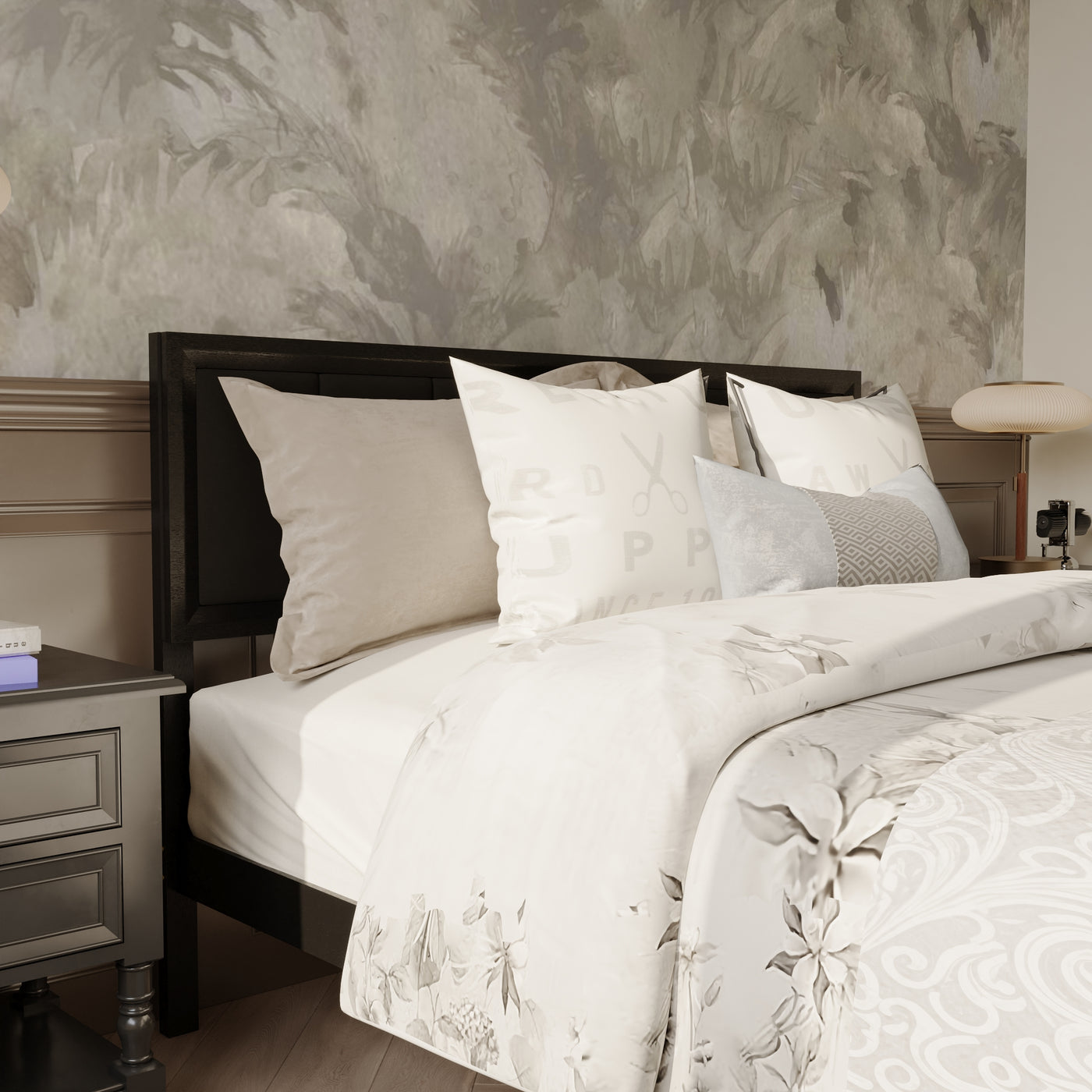 King-Size Modern Black Platform Bed with Linen Upholstered Headboard