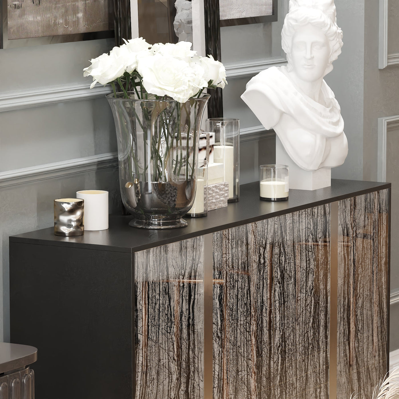 63" Modern Industrial Accent Cabinet With Stone-Patterned Glass Doors