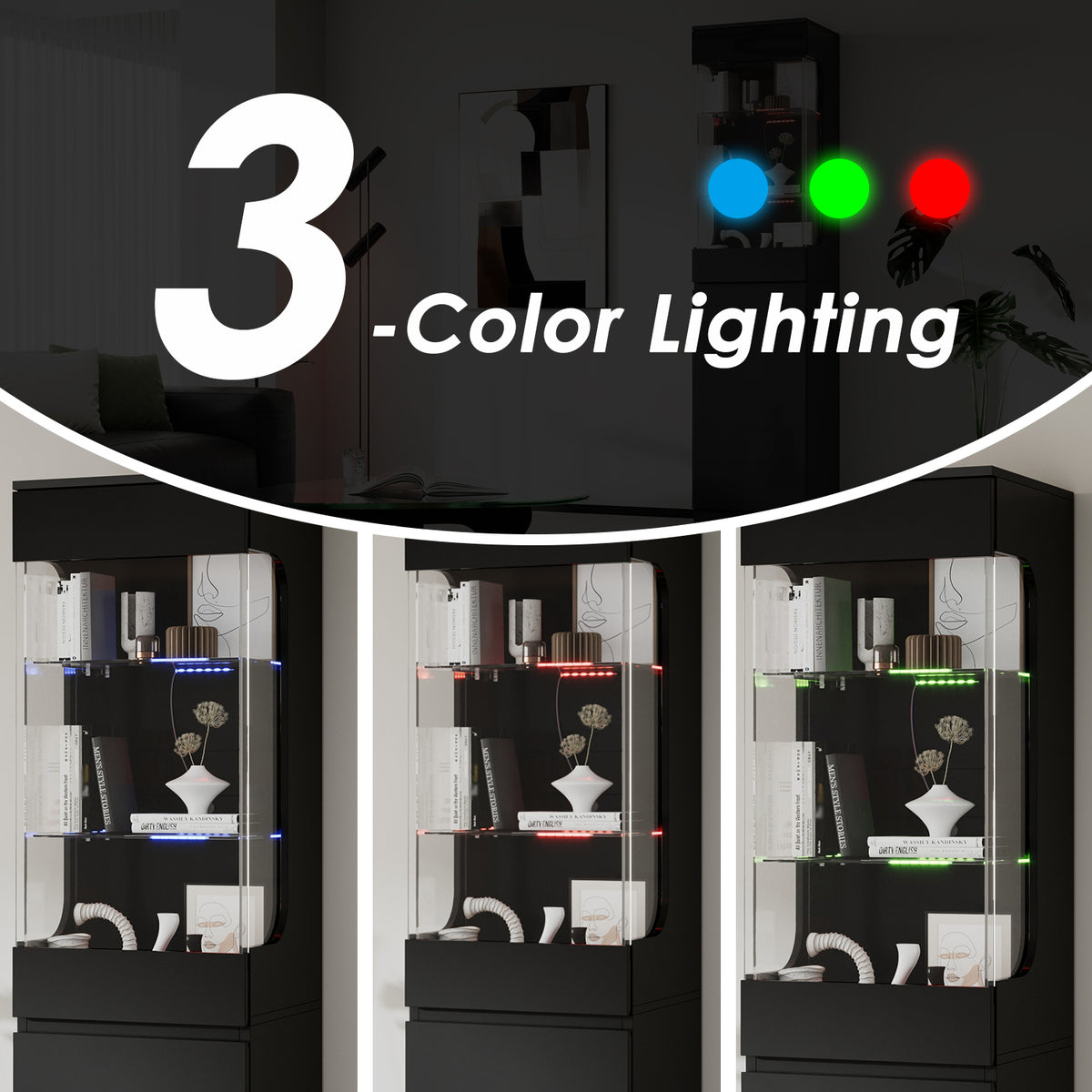 15.7" Modern Black Display Cabinet with 3-Color Adjustable Lights