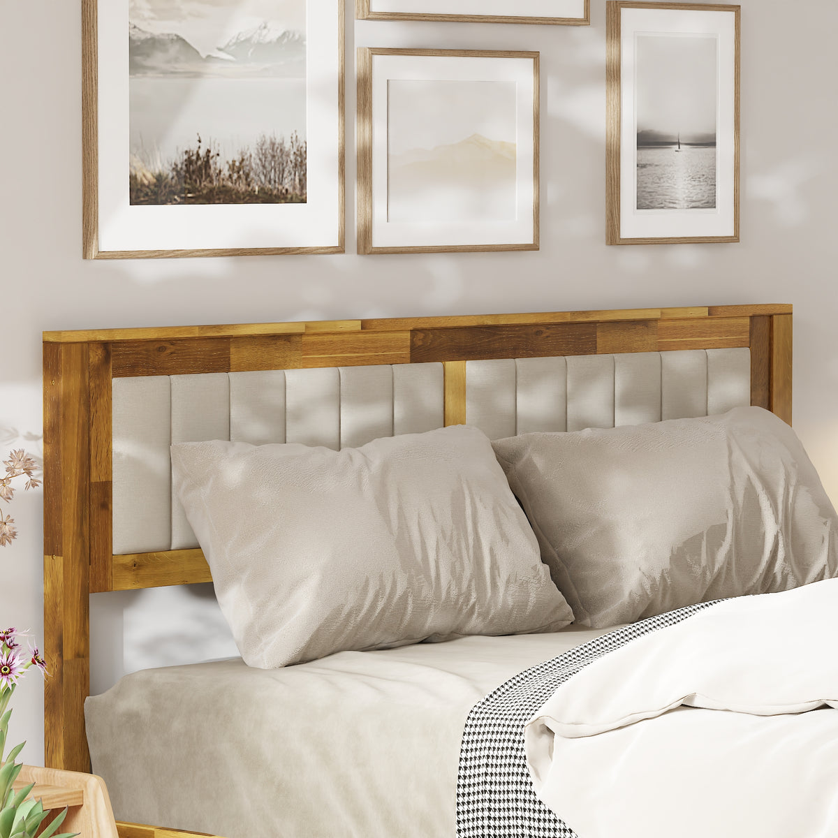 60.8" Modern Beige Platform Bed with Storage Drawers and Comfortable Headboard