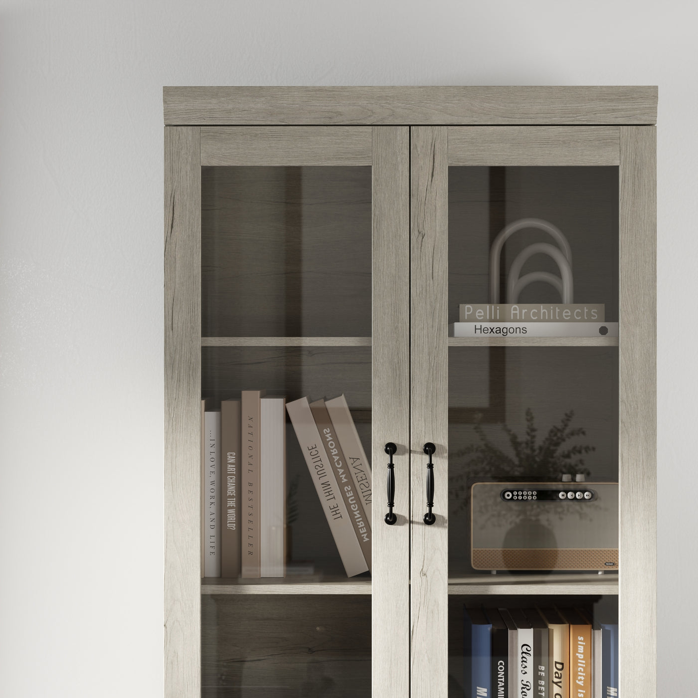 31.5" Farmhouse White Display Bookcase with Glass Doors & 2 Drawers