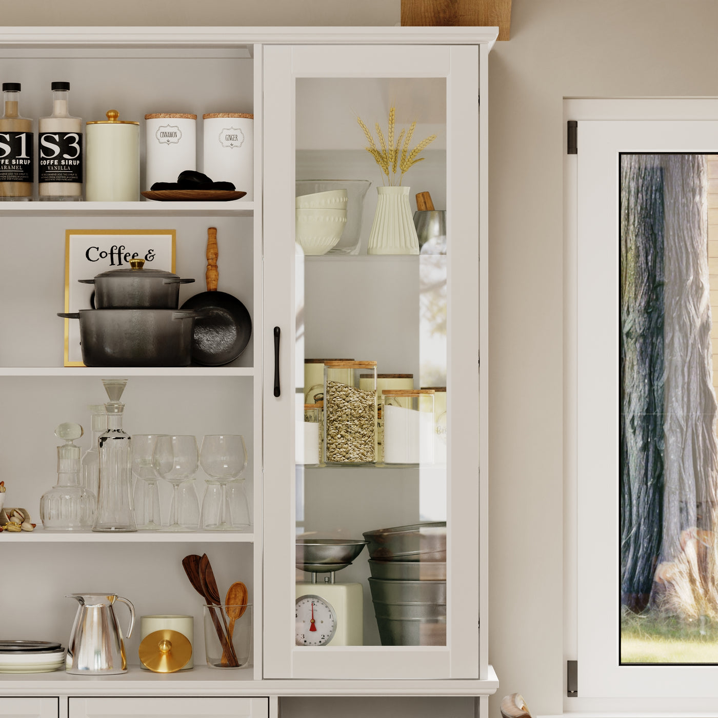 61.4" Modern White Food Pantry Cabinet with Glass Door and Wine Storage