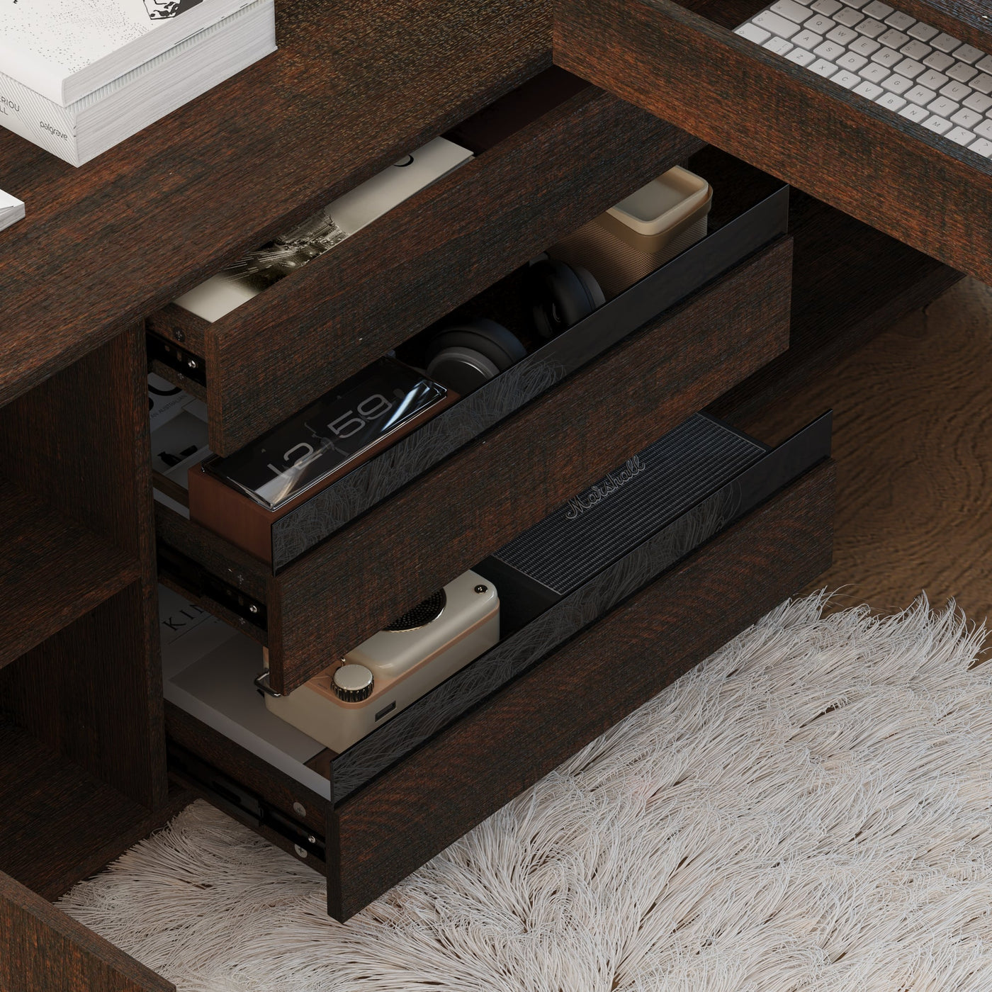 70.9" Modern Walnut L-Shaped 3-Drawer Standing Desk with Bookcase