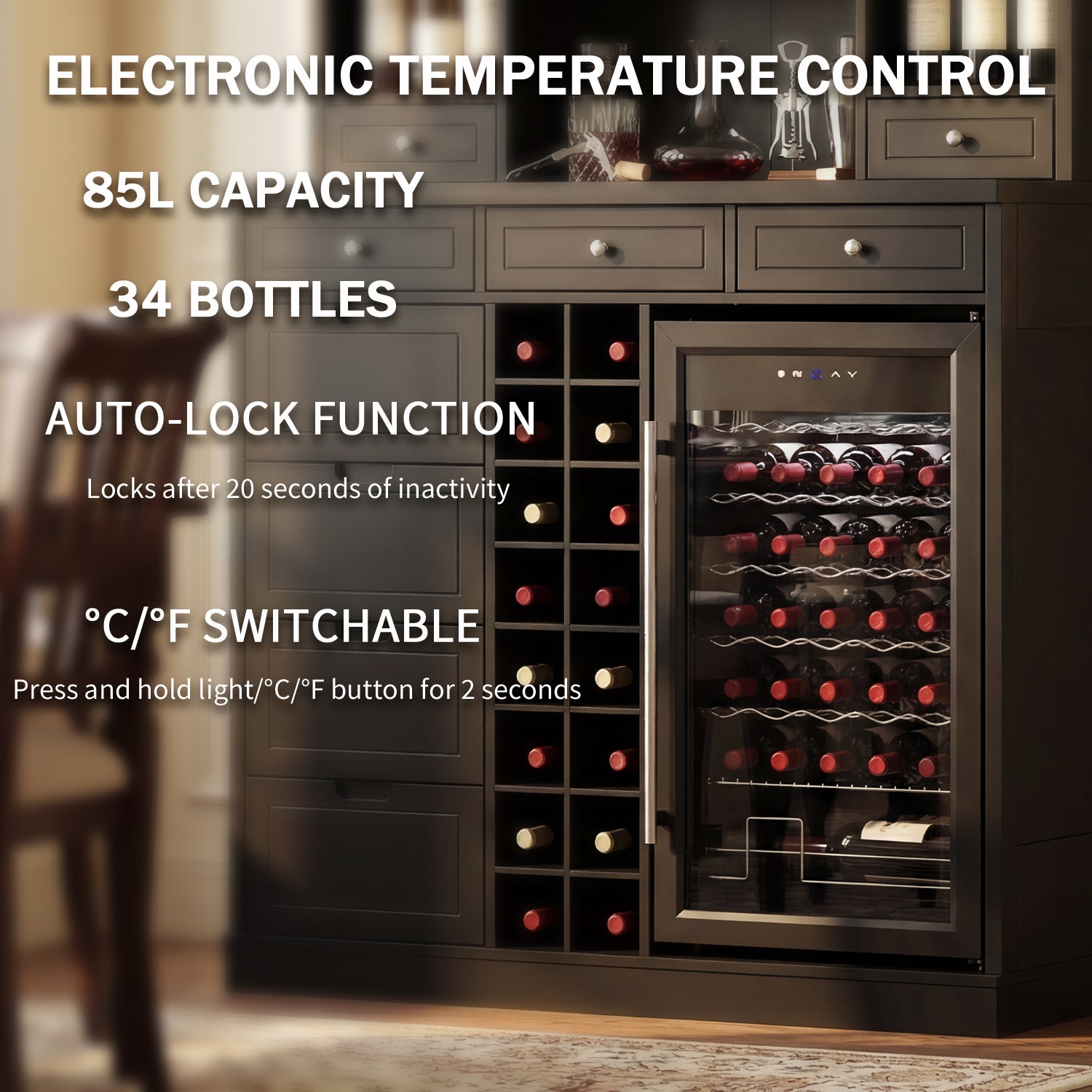 Wine cooler with electronic temperature control in a kitchen setting