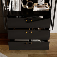 31.5" Modern Black Display Bookcase with LED Light and Glass Doors