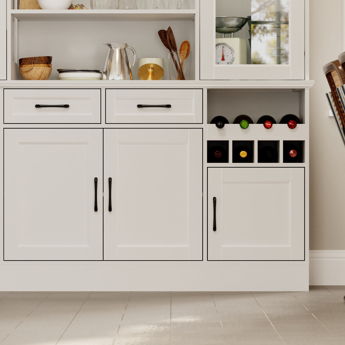 61.4" Modern White Food Pantry Cabinet with Glass Door and Wine Storage