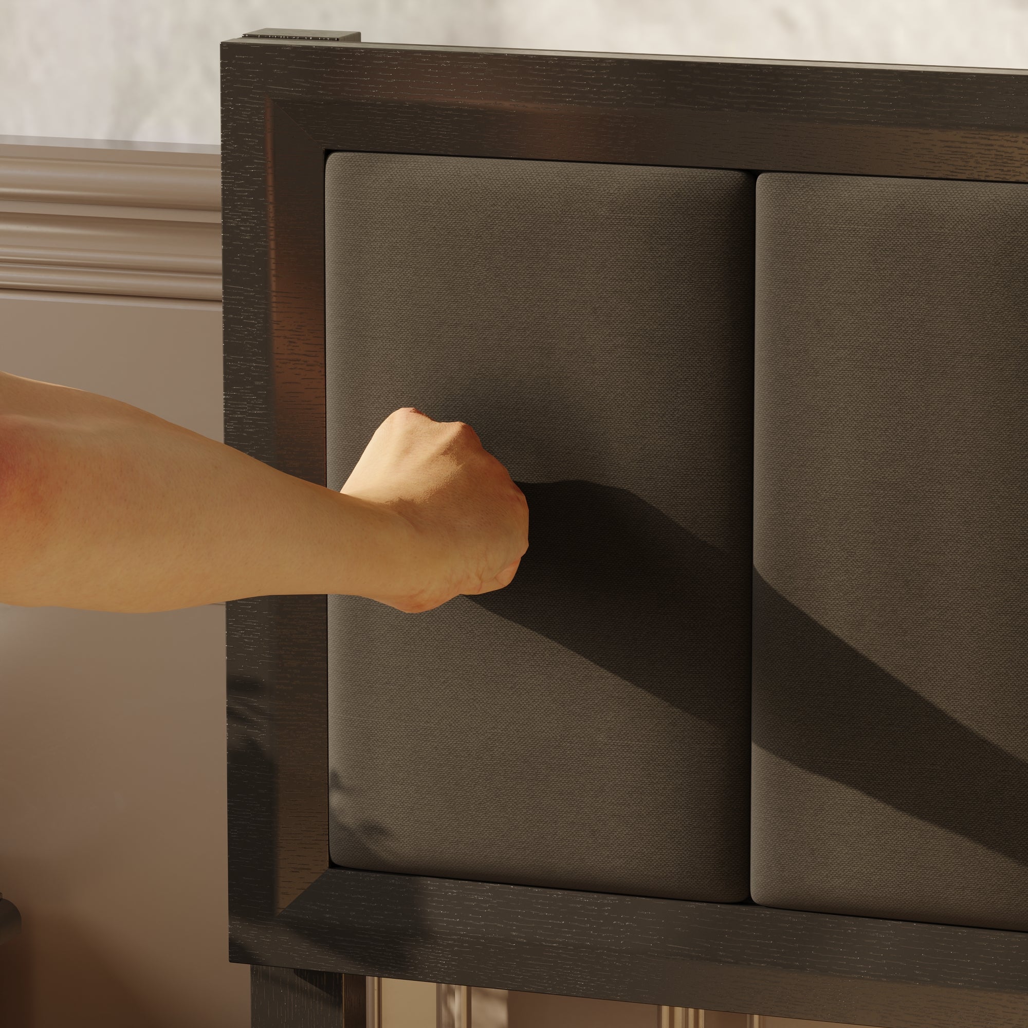 King-Size Solid Rubber Wood Bed With Linen Upholstered Headboard