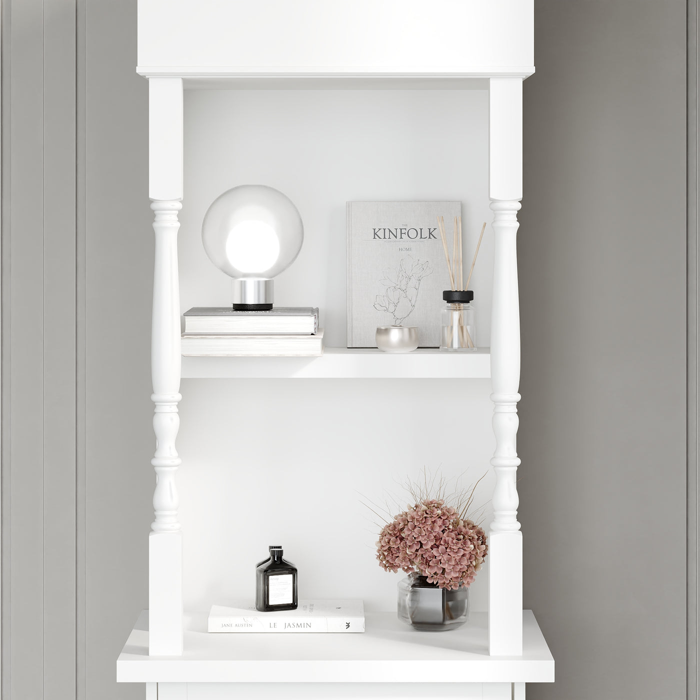 21.4" Modern White Display Stand with 4 Open Shelves and 1 Drawer