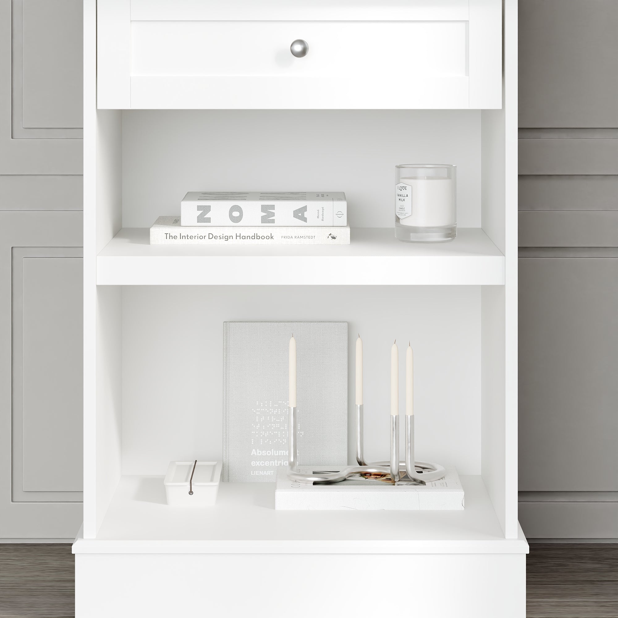 Modern White Tall Cabinet With 4 Open Shelves & 1 Drawer