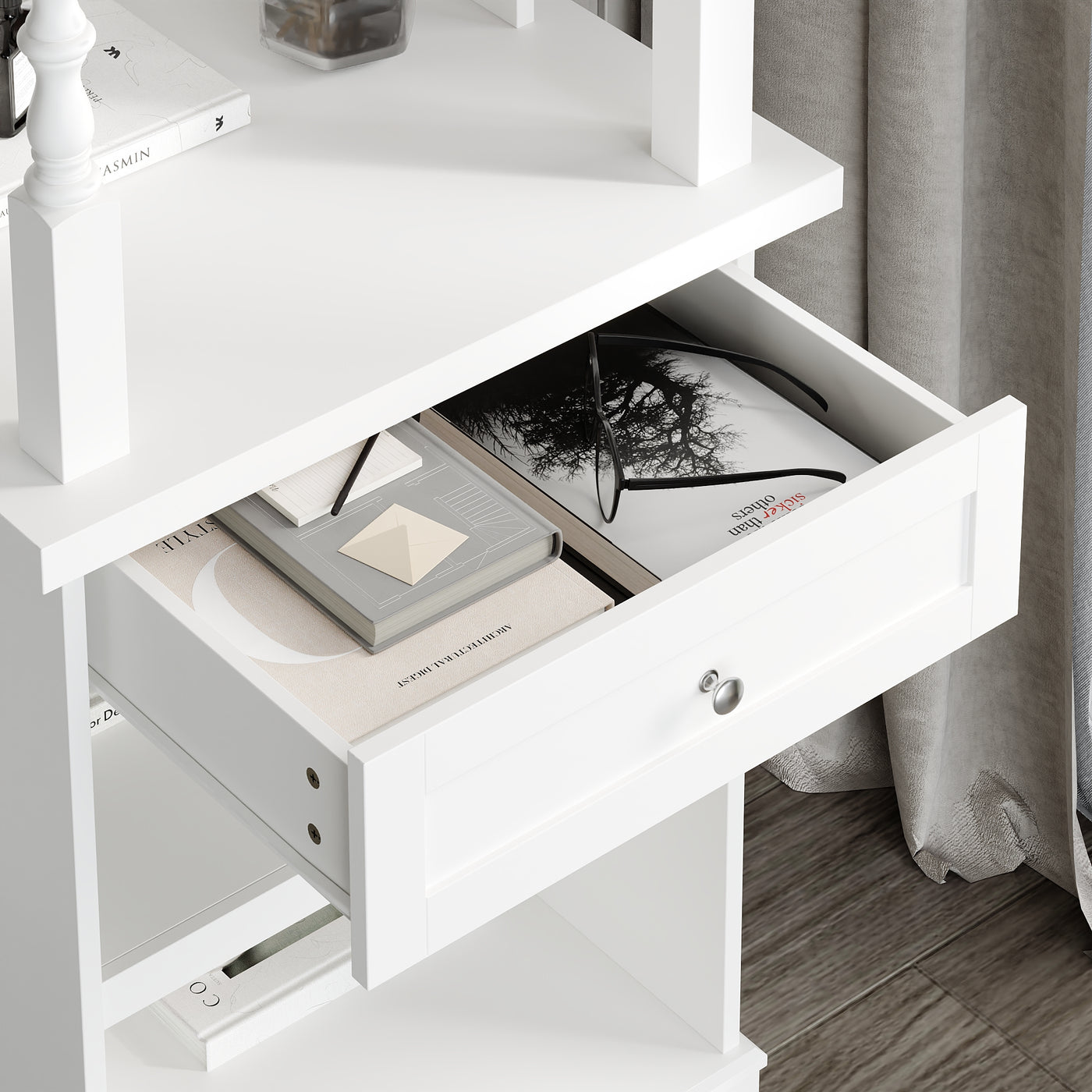 21.4" Modern White Display Stand with 4 Open Shelves and 1 Drawer