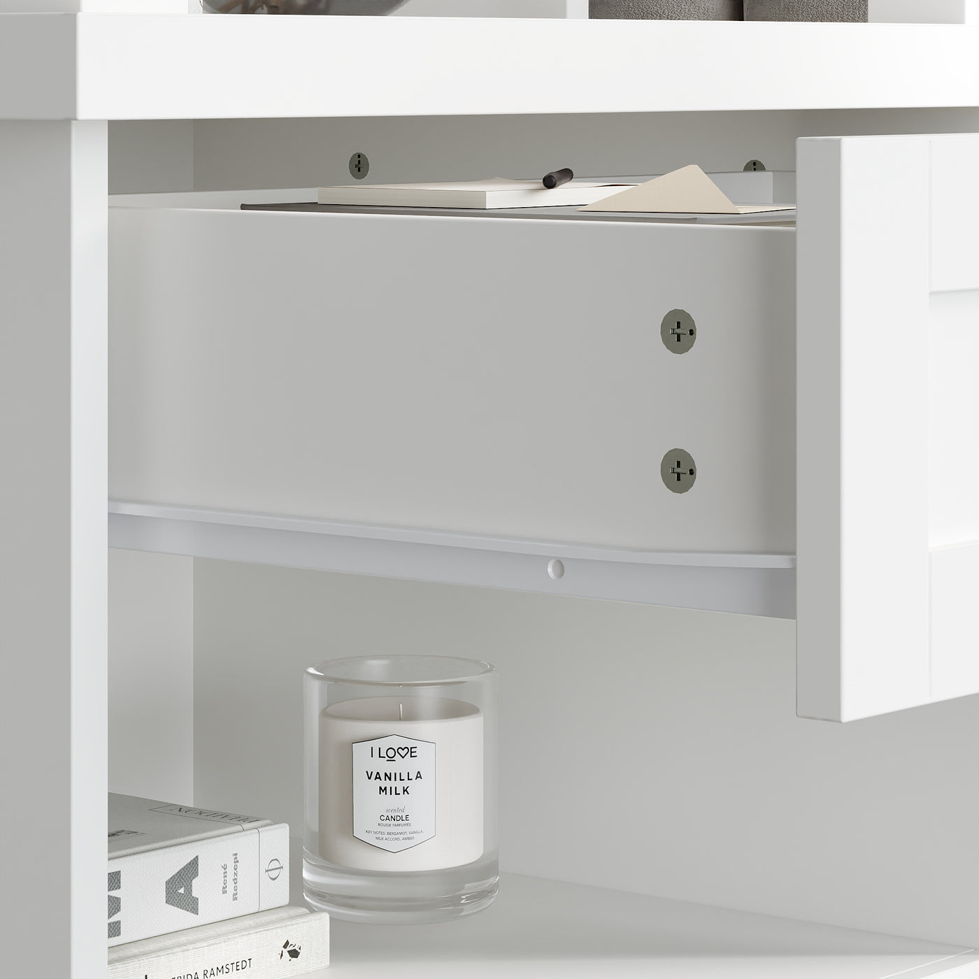 21.4" Modern White Display Stand with 4 Open Shelves and 1 Drawer