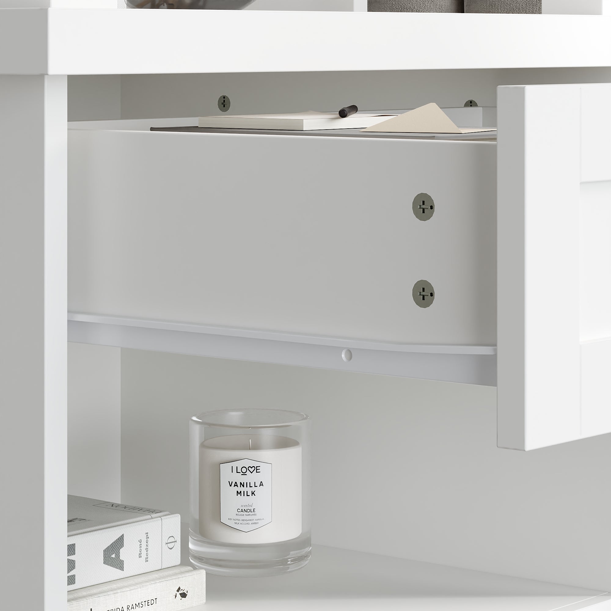 Modern White Tall Cabinet With 4 Open Shelves & 1 Drawer