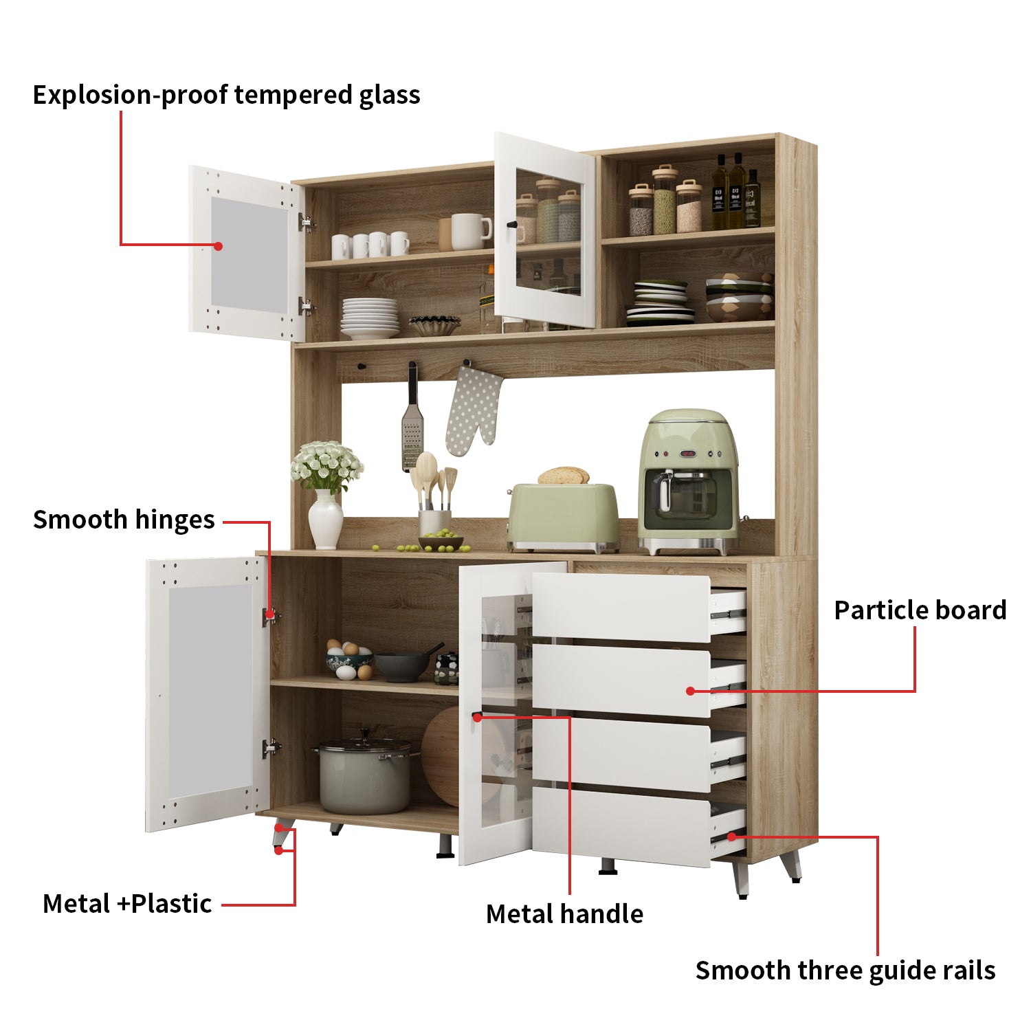 Storage Sideboard Cabinet Cupboard with Drawers and Glass Doors for Kitchen Organization