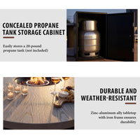 Concealed propane tank storage cabinet with outdoor setting and fire pit.