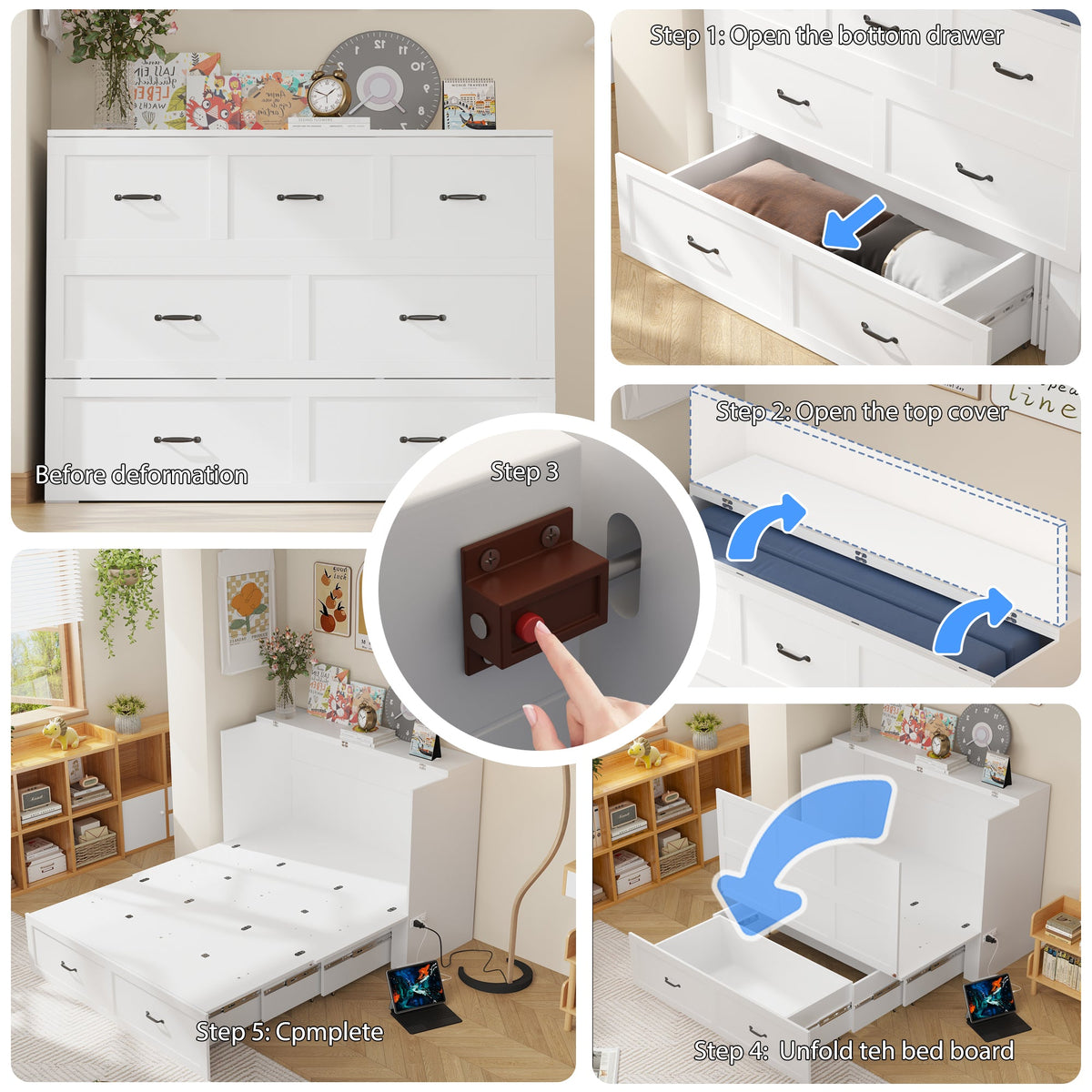 61.8" Modern Minimalist White Fold Out Bed with Power Outlets