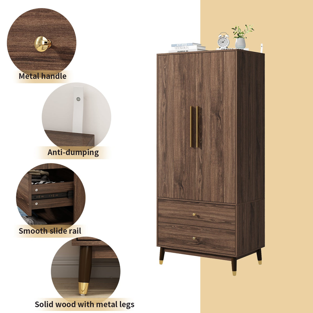 31.5" Modern Brown 2-Door 2-Drawer Armoire Large Storage Closet