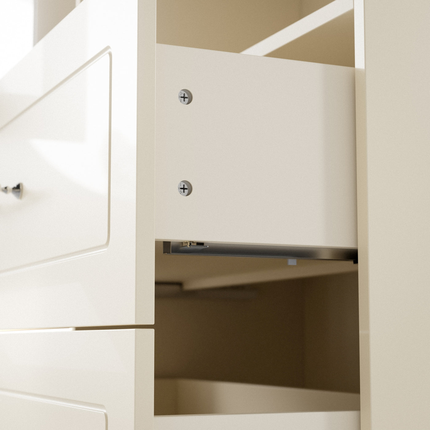 37" Modern Beige Display Cabinet with Arched Glass Doors, LED Lighting and 3 Drawers