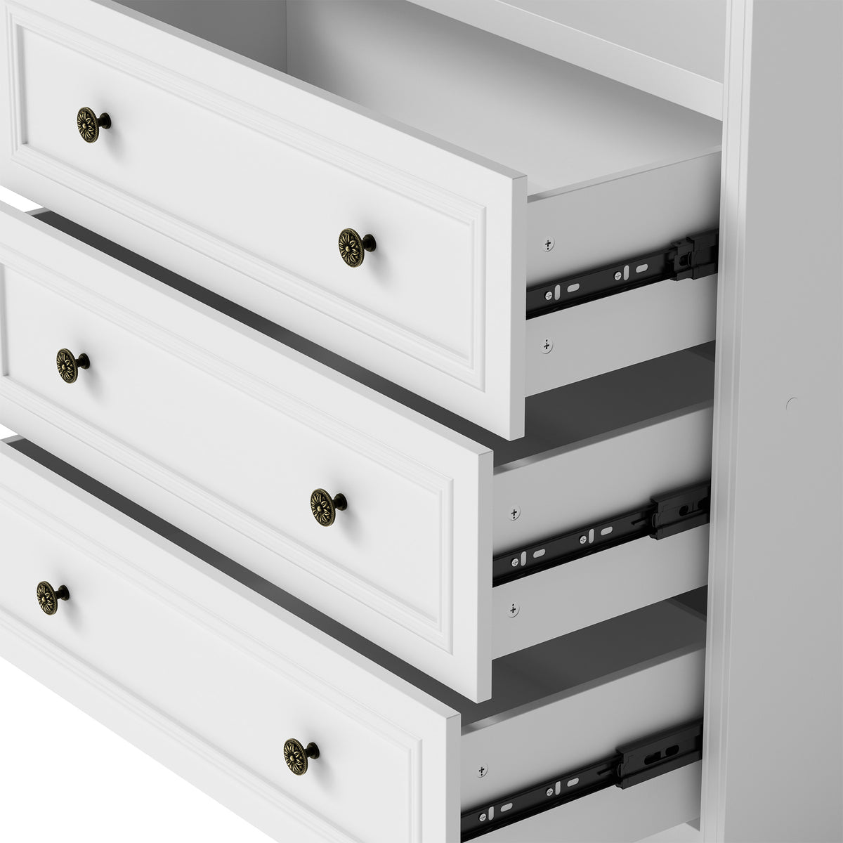 White display cabinet with open shelves, 3 drawers, and labeled dimensions diagram