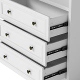 White display cabinet with open shelves, 3 drawers, and labeled dimensions diagram