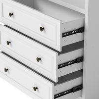 White display cabinet with open shelves, 3 drawers, and labeled dimensions diagram