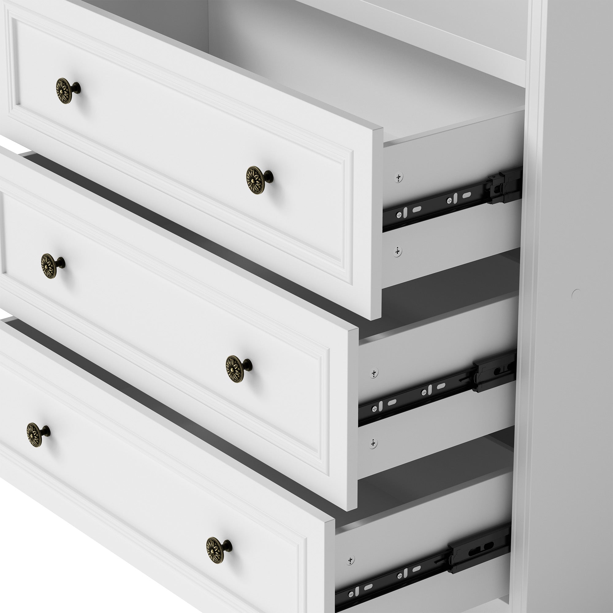 White display cabinet with open shelves, 3 drawers, and labeled dimensions diagram