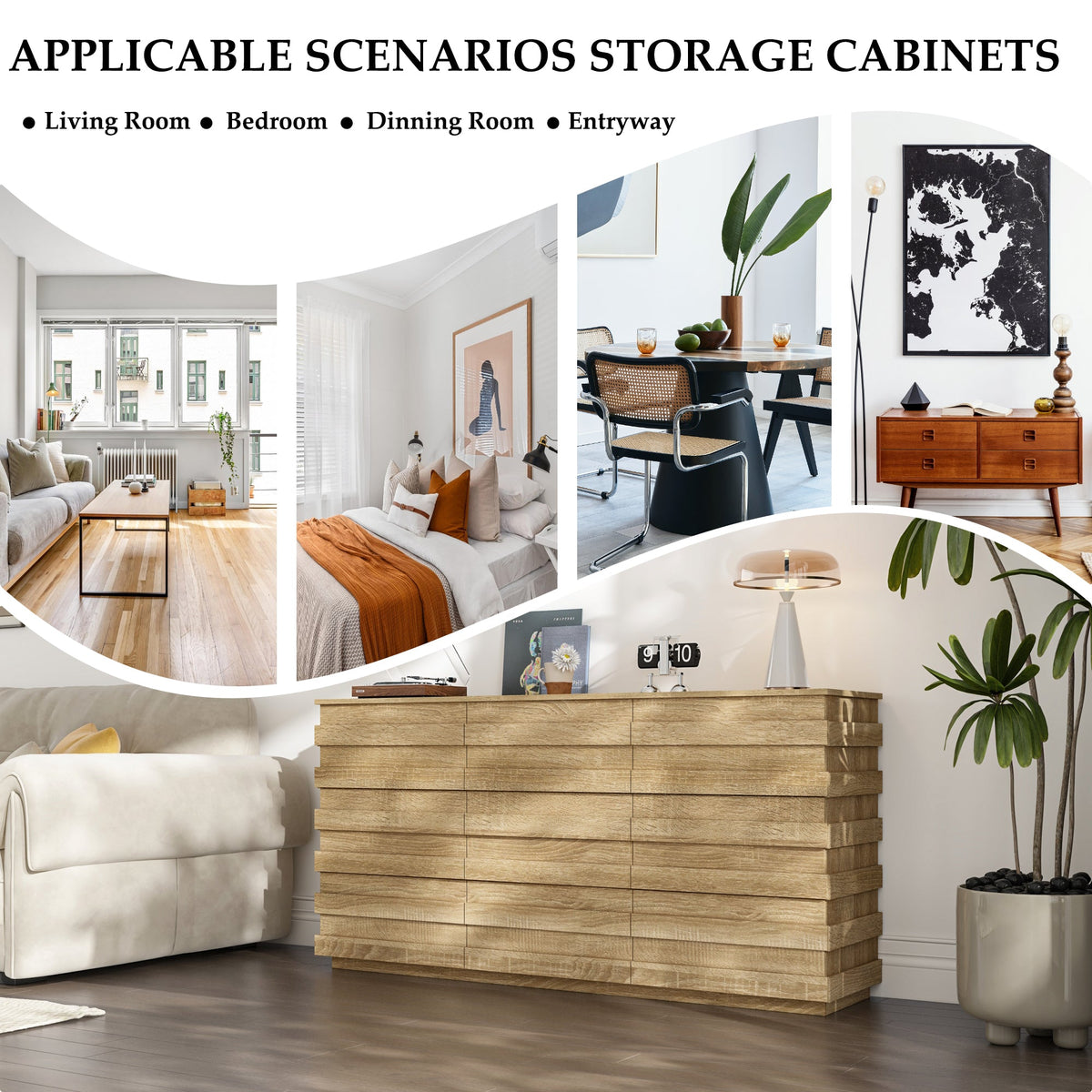 Collage of storage cabinets in various rooms
