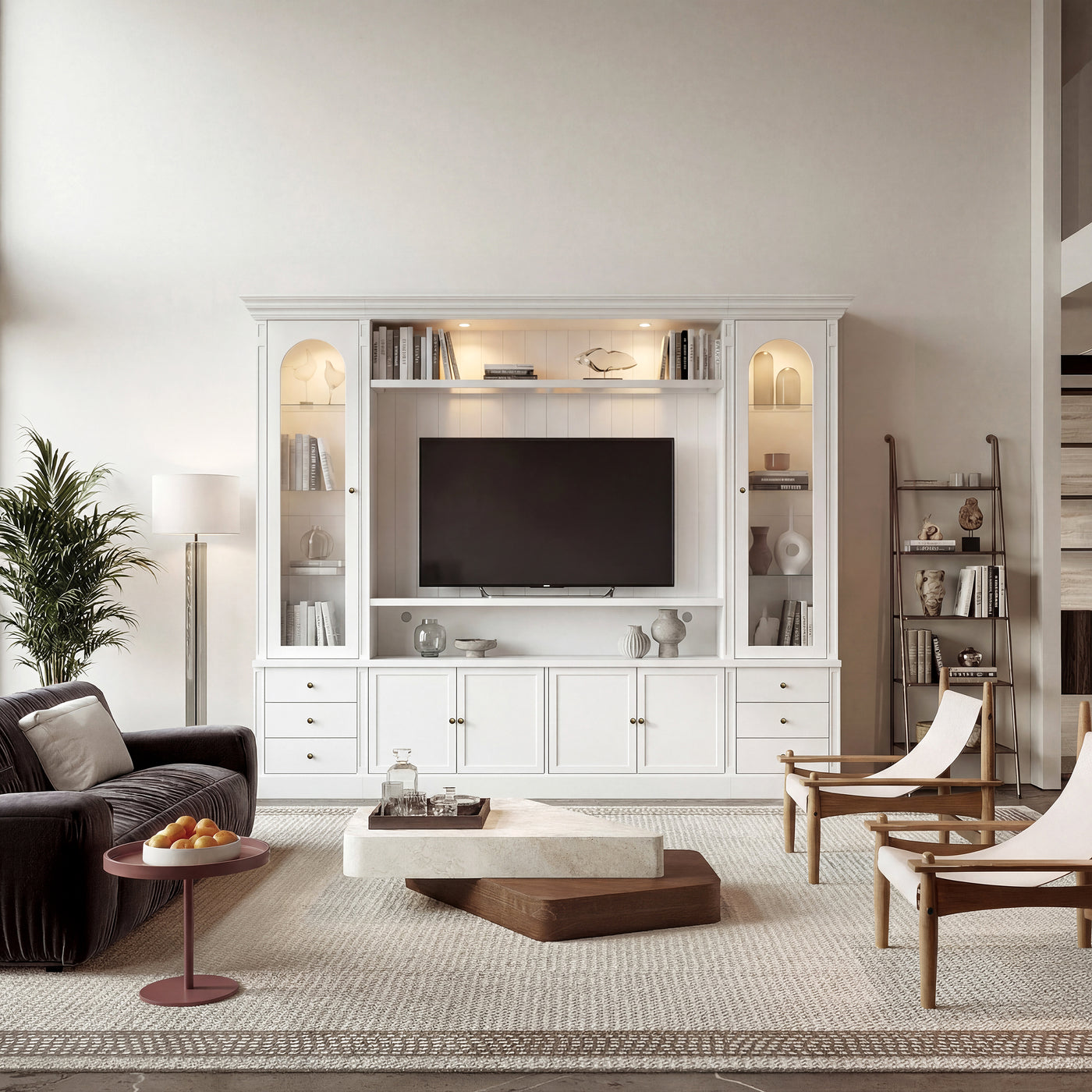 White entertainment center with open TV space, glass side cabinets, lower storage cabinets, and drawers
