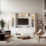 White entertainment center with open TV space, glass side cabinets, lower storage cabinets, and drawers