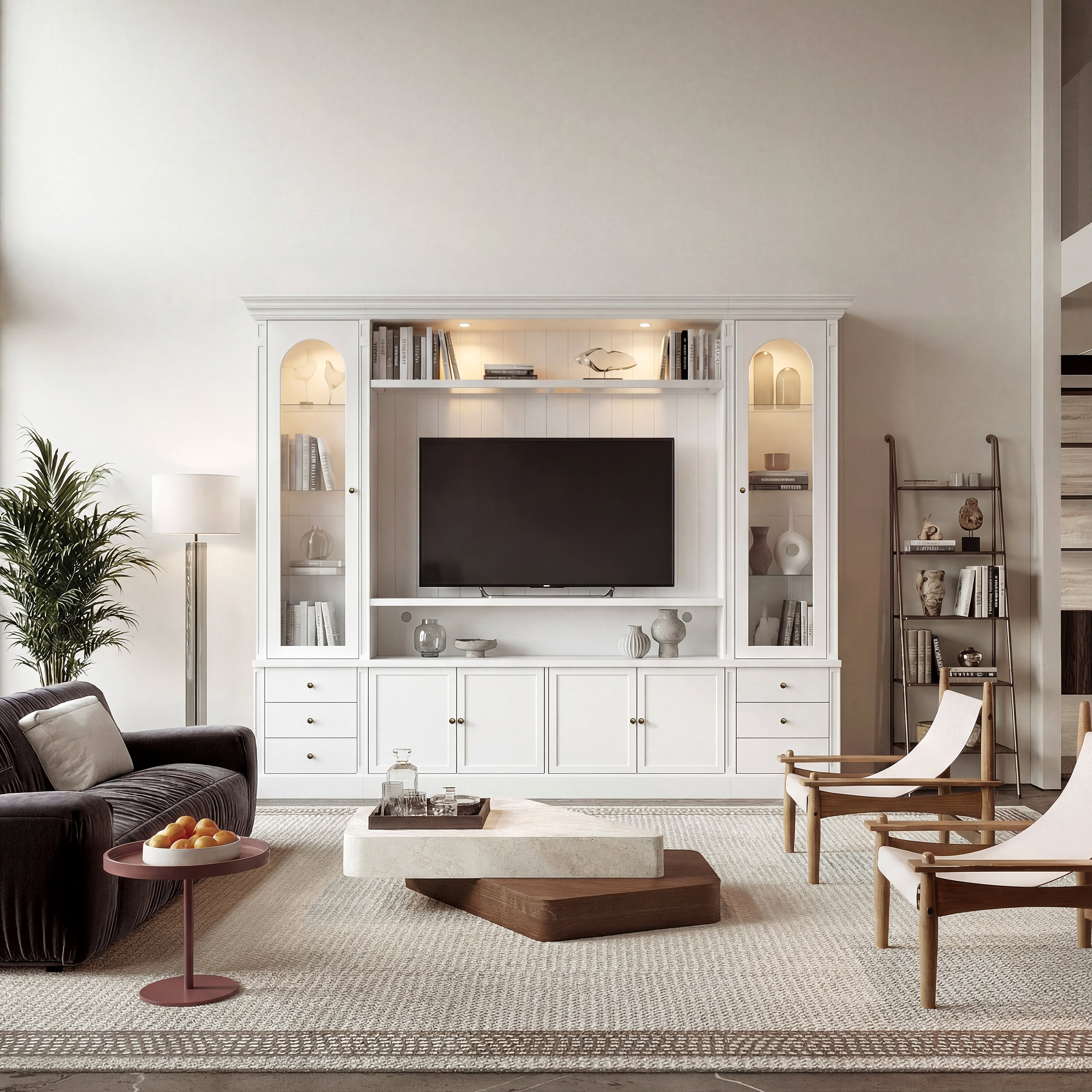 White entertainment center with open TV space, glass side cabinets, lower storage cabinets, and drawers
