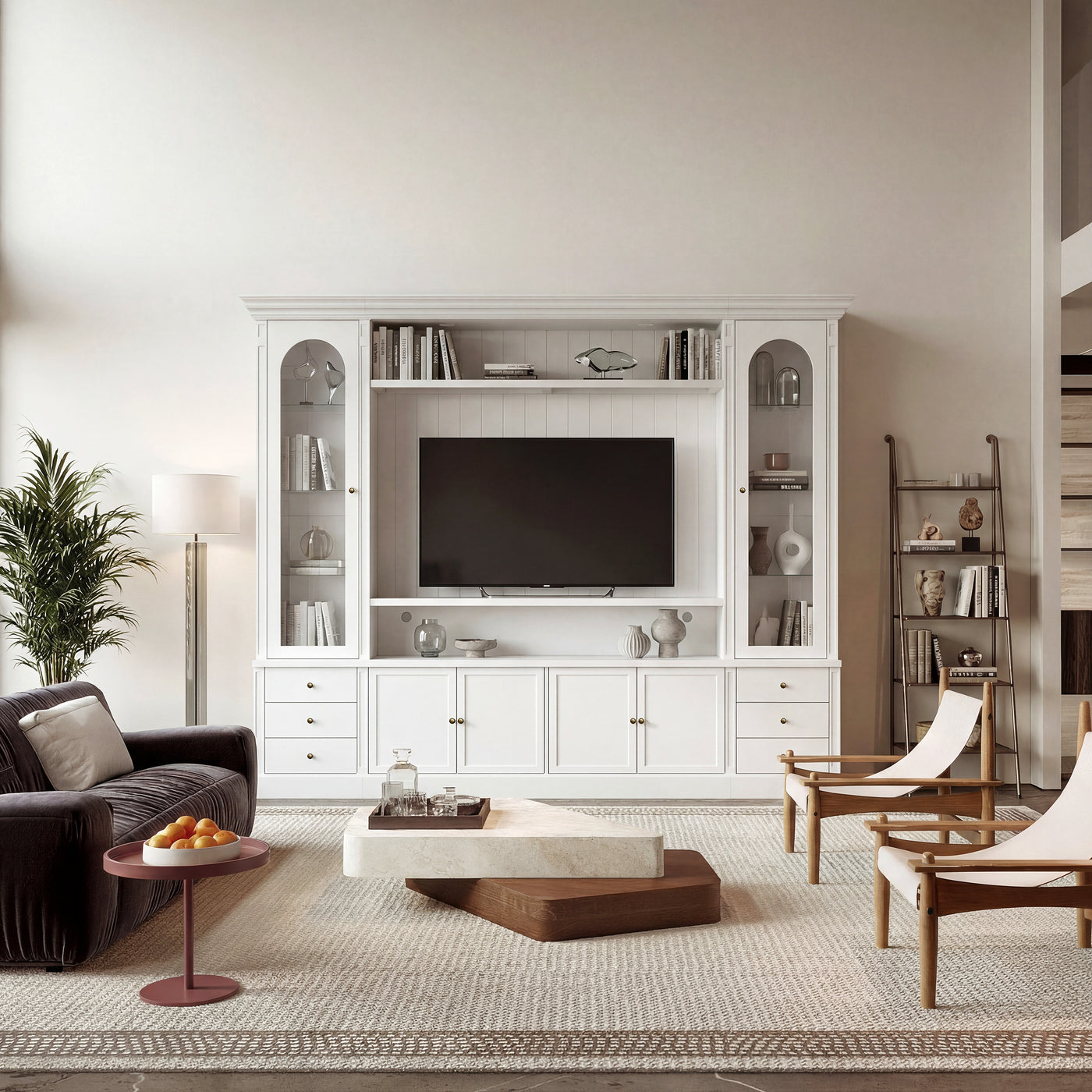 White entertainment center with open TV space, glass side cabinets, lower storage cabinets, and drawers