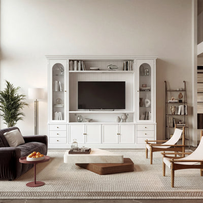 101.7" Farmhouse White Entertainment Center with Arched Glass Doors, Drawers and Open TV Space