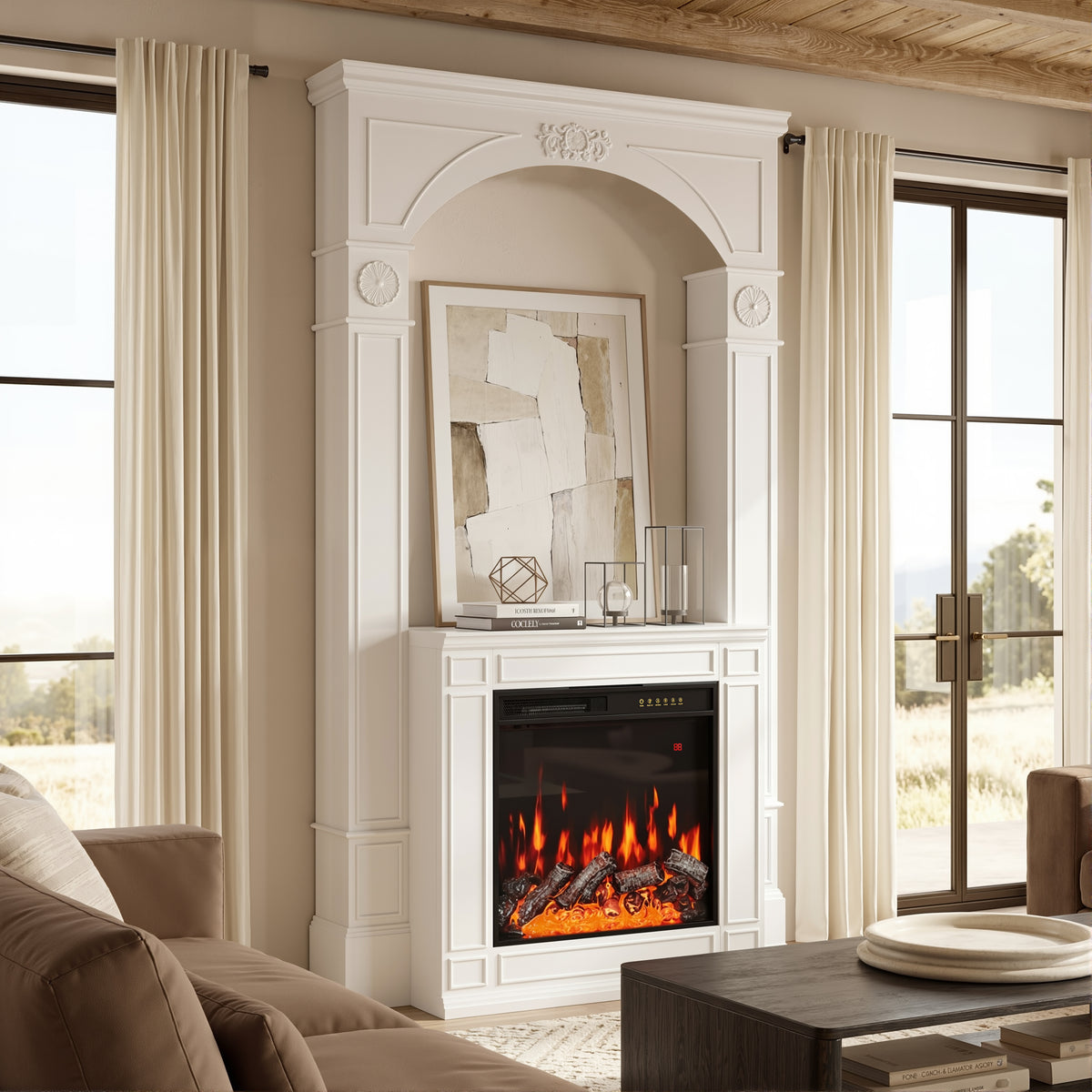Living room with a white fireplace and decorative elements