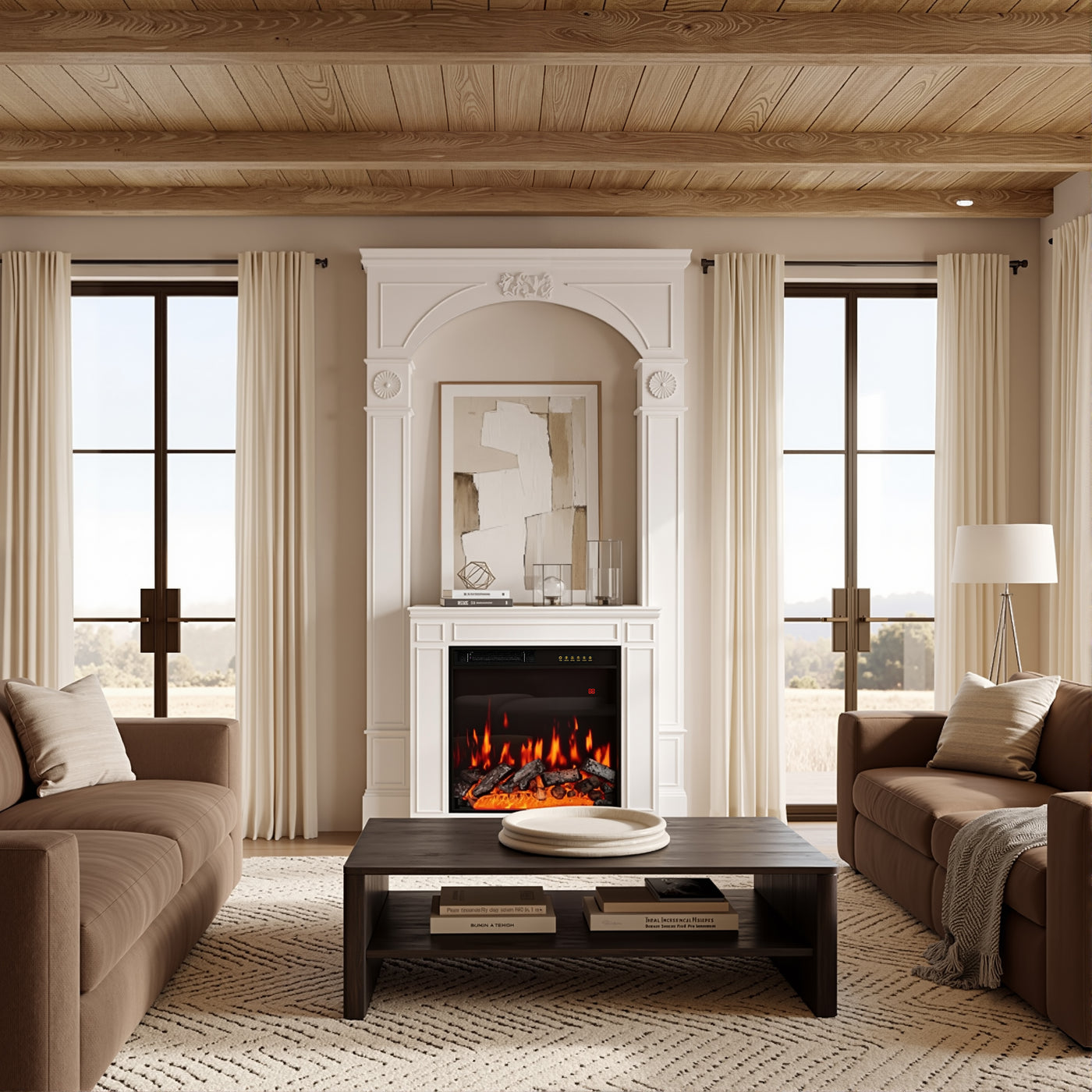 Modern living room with a fireplace, brown sofas, and large windows.