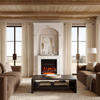 Modern living room with a fireplace, brown sofas, and large windows.
