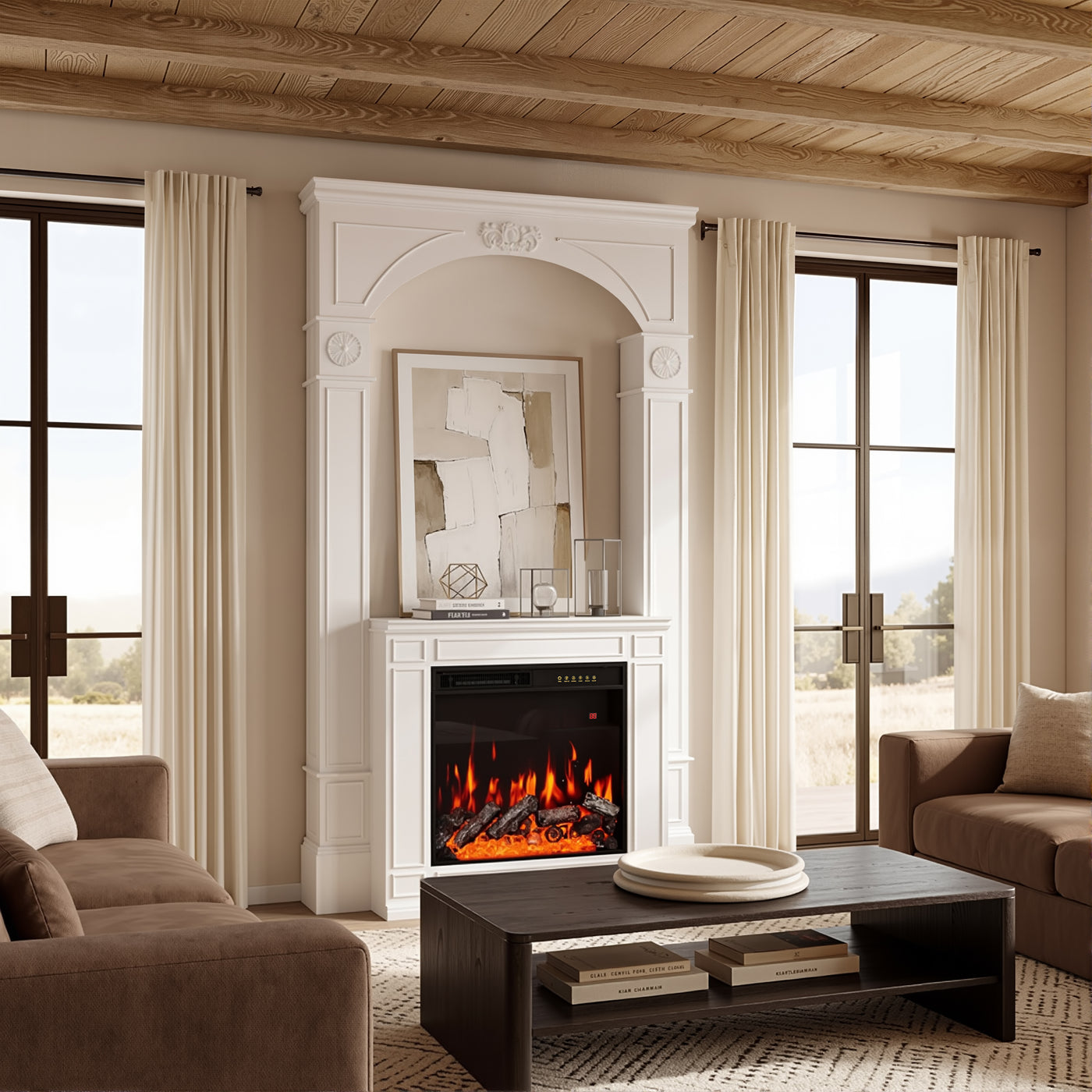 Living room with a fireplace, brown sofa, and large windows.
