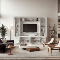 White entertainment center with open TV space, glass side cabinets, lower storage cabinets, and drawers