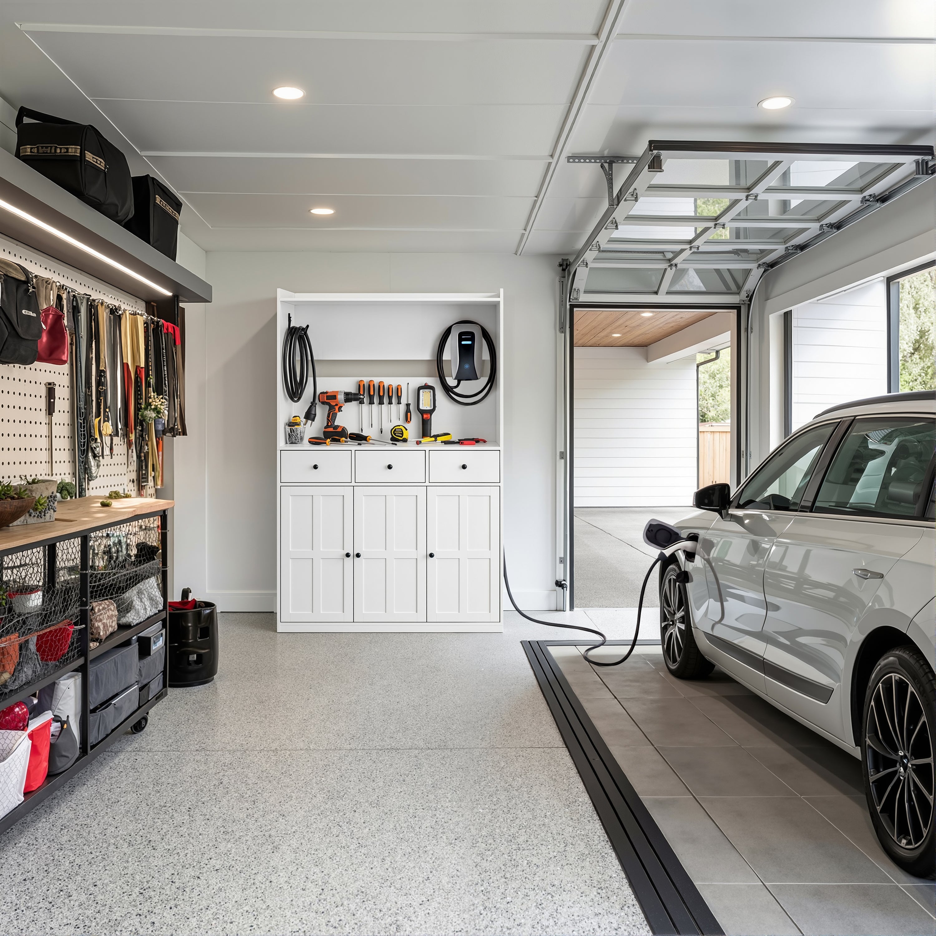 White garage storage cabinet with countertop, tool wall, and lower doors