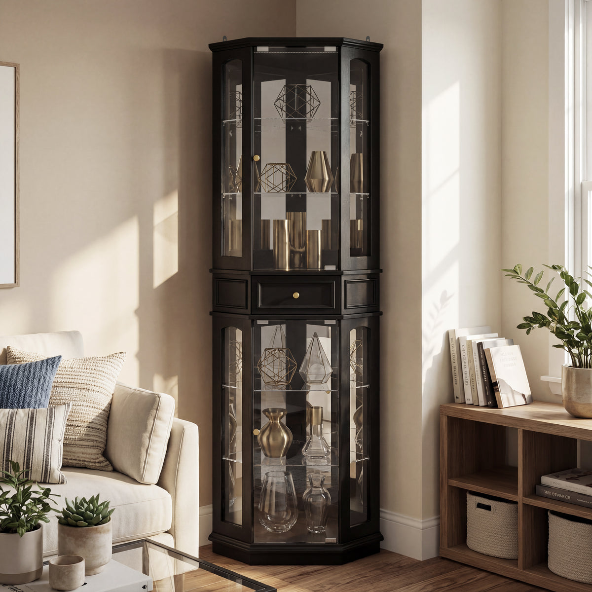 Black tall display cabinet with glass doors and center drawer