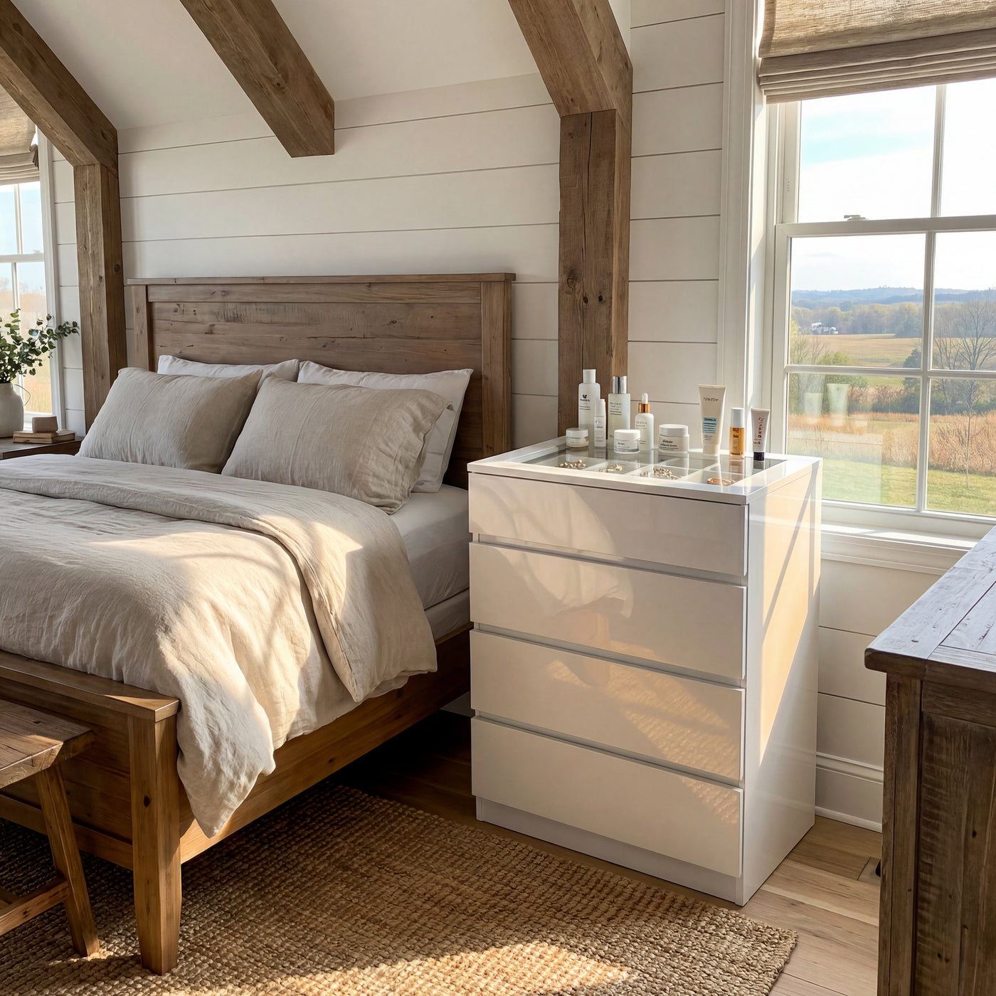 White dresser with jewelry organizer top and 4 drawers