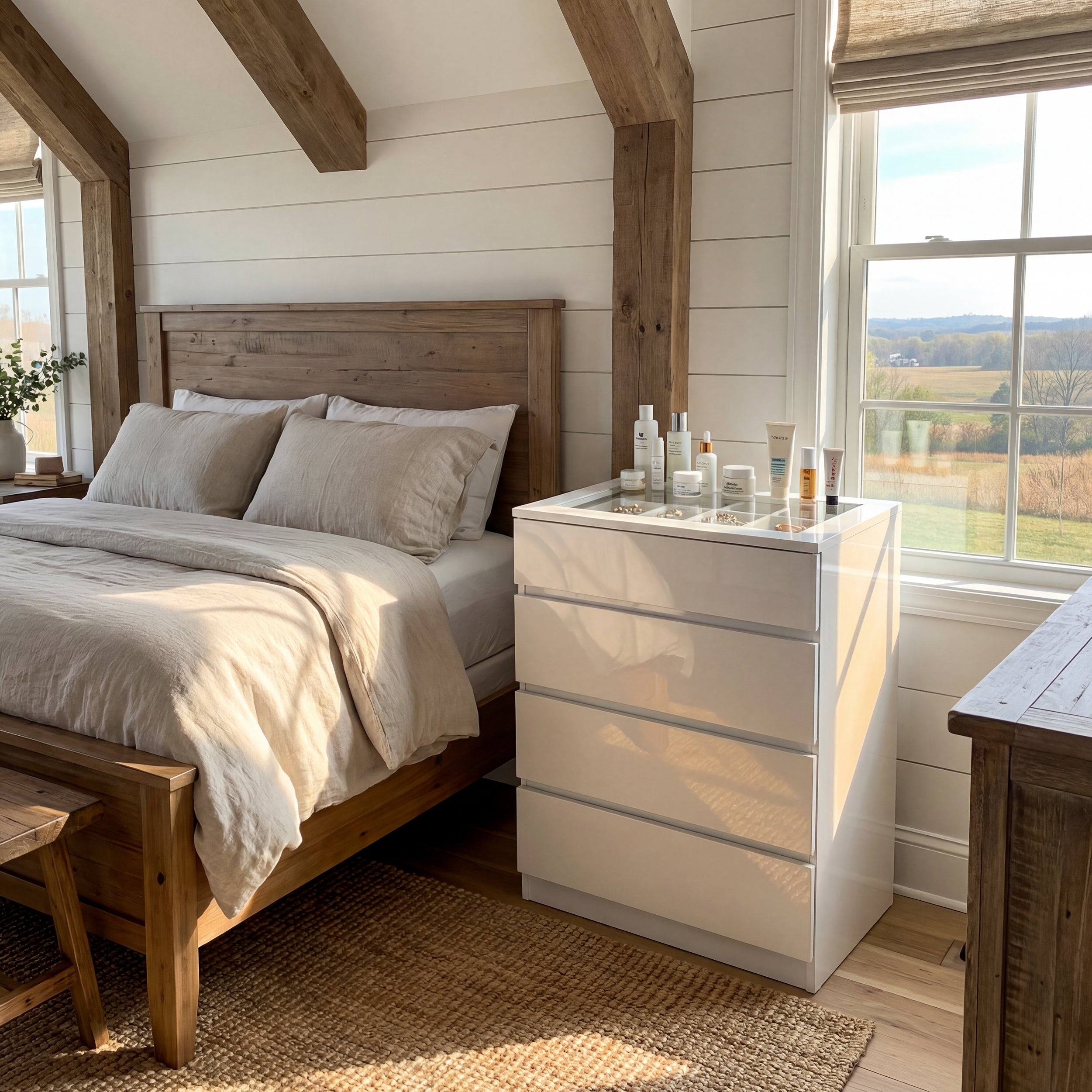 White dresser with jewelry organizer top and 4 drawers