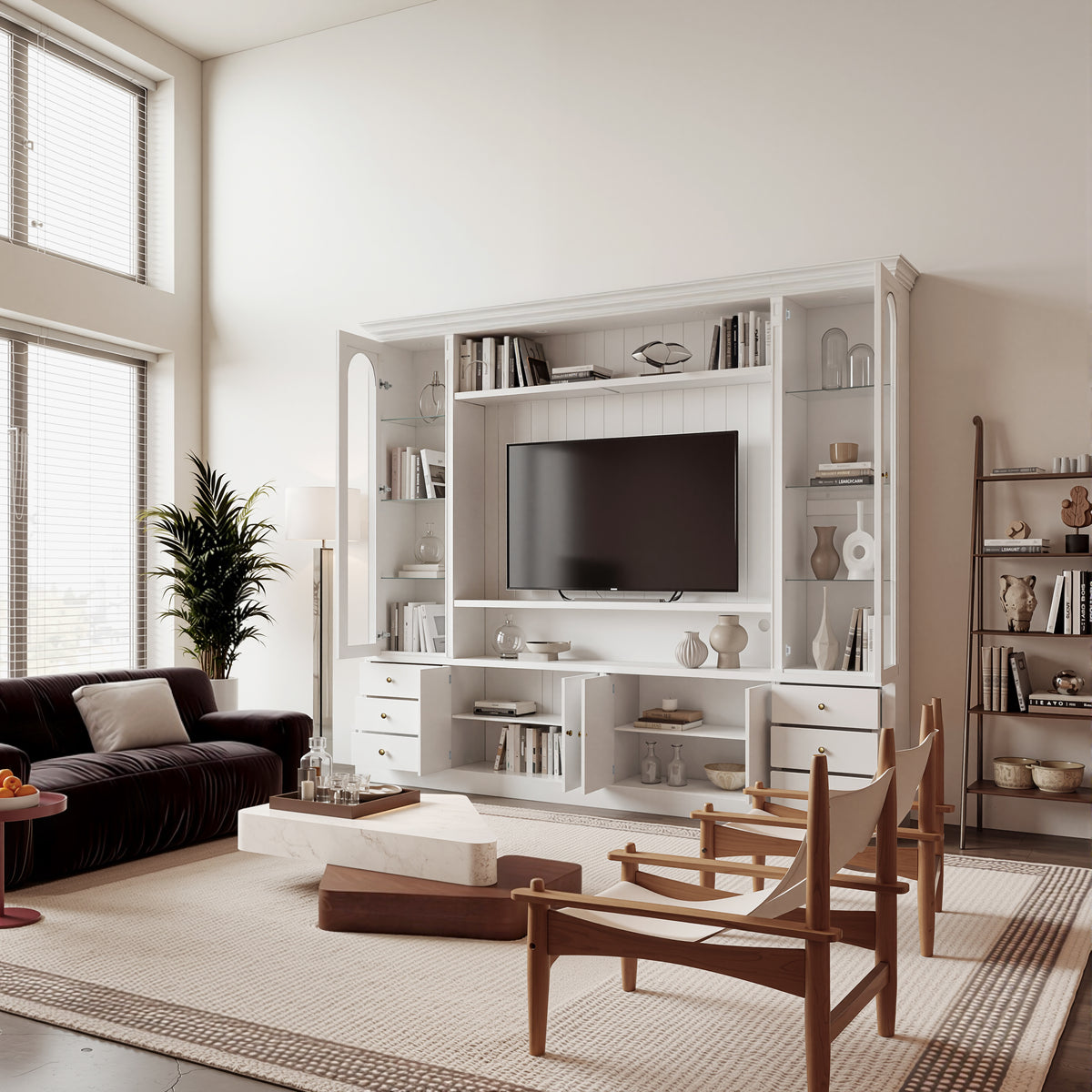 White entertainment center with open TV space, glass side cabinets, lower storage cabinets, and drawers