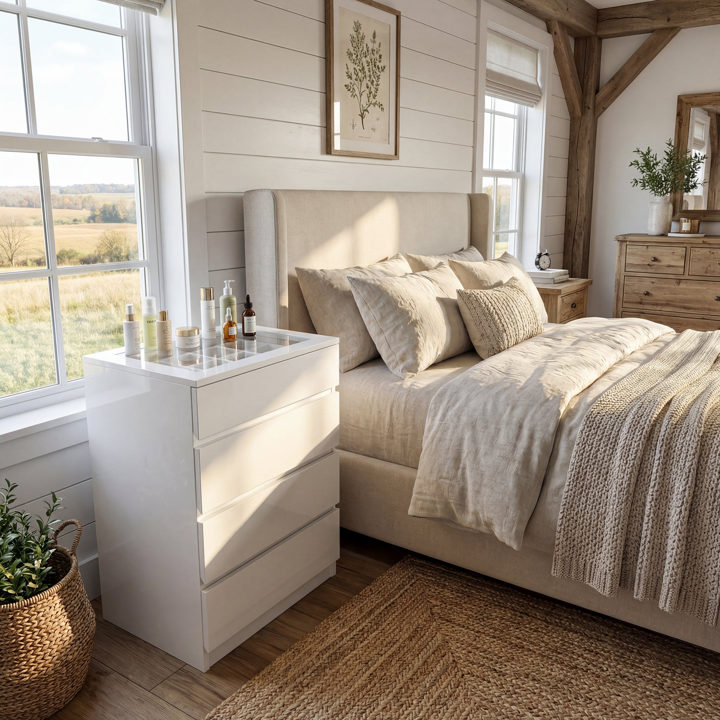 White dresser with jewelry organizer top and 4 drawers