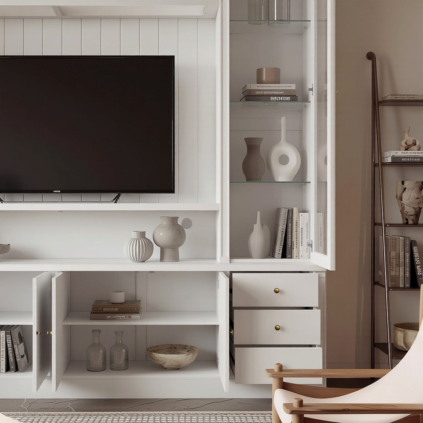 White entertainment center with open TV space, glass side cabinets, lower storage cabinets, and drawers